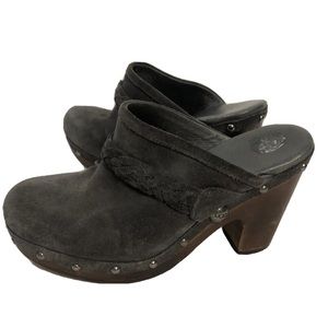 Women’s UGG Gray Suede Mules Clog Heeled Platform Shoes Size 6